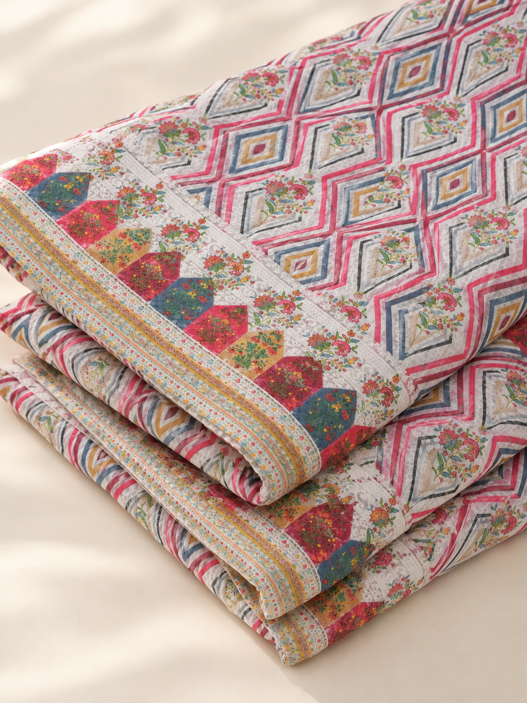 Multicolour Geometric Floral Printed Fabric with Decorative Border - Image 5