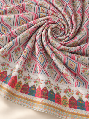 Multicolour Geometric Floral Printed Fabric with Decorative Border
