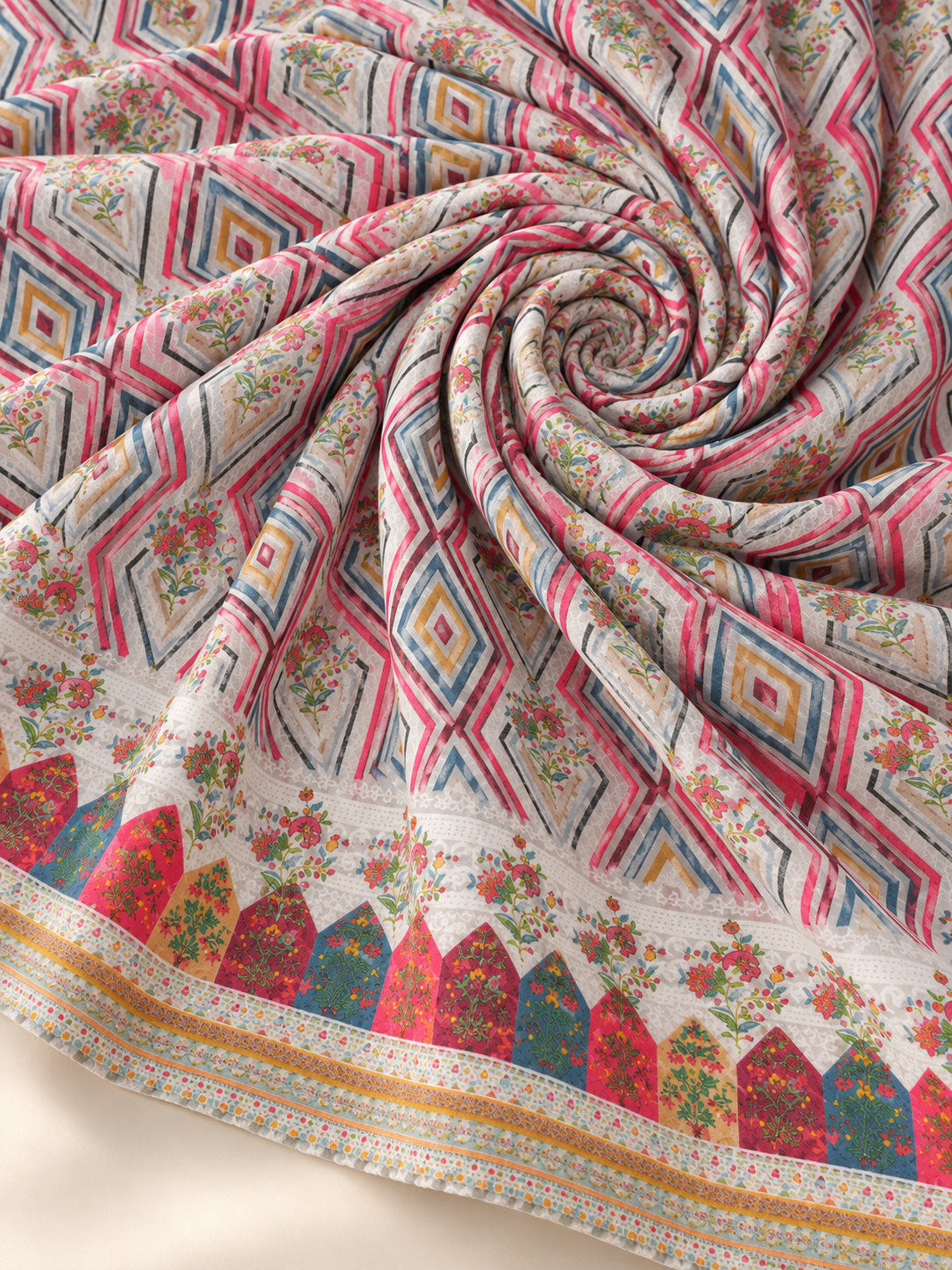 Multicolour Geometric Floral Printed Fabric with Decorative Border