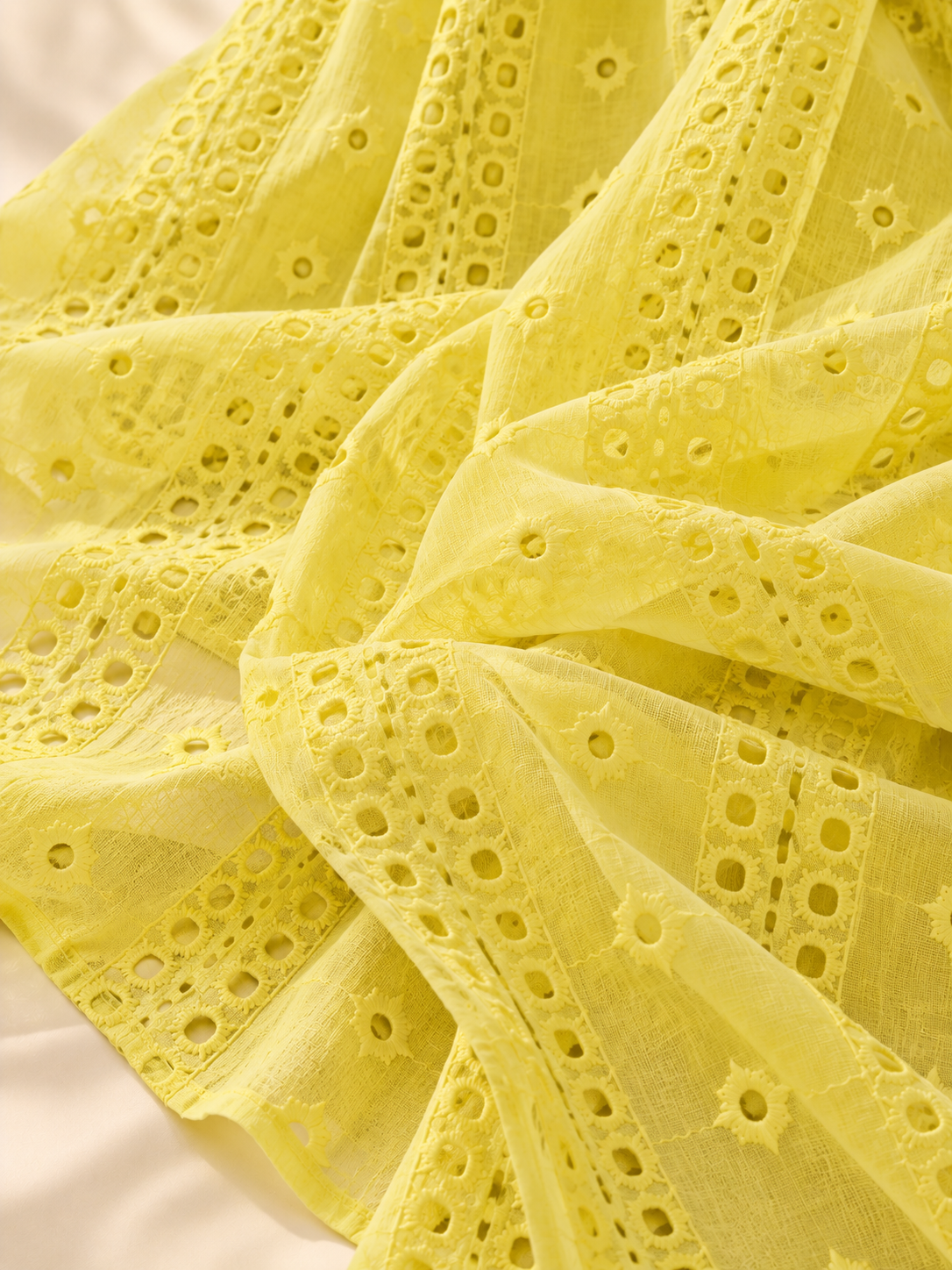 Lemon Yellow Eyelet Embroidered Georgette Fabric - Image 3