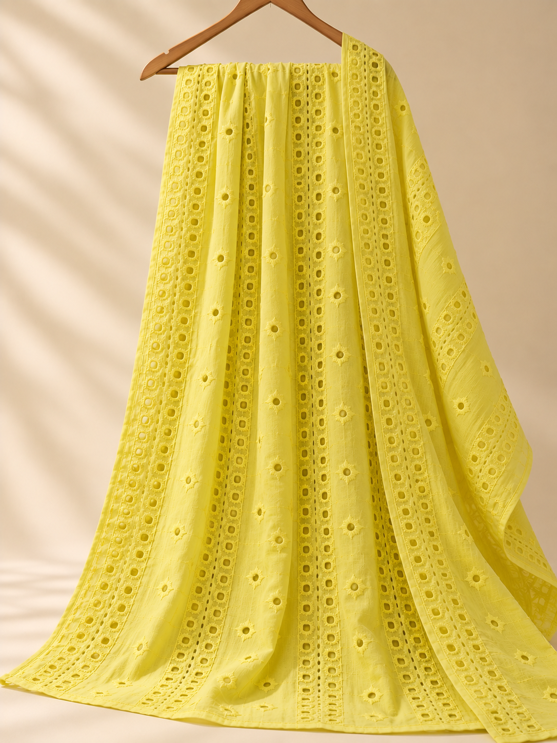 Lemon Yellow Eyelet Embroidered Georgette Fabric - Image 5