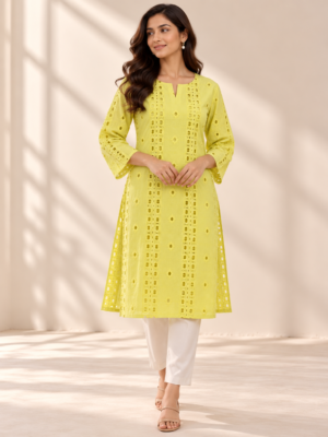 Lemon Yellow Eyelet Embroidered Georgette Fabric