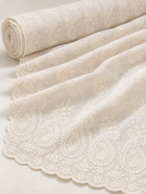 Ivory Cream Floral & Paisley Embroidered P.C Voile Fabric