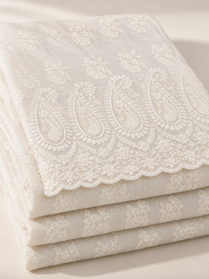 Ivory Cream Floral & Paisley Embroidered P.C Voile Fabric