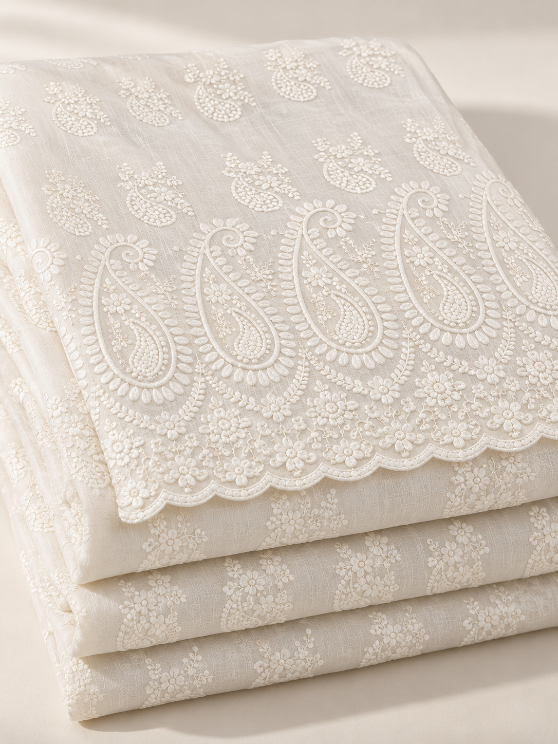 Ivory Cream Floral & Paisley Embroidered P.C Voile Fabric - Image 3