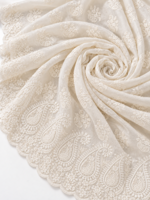 Ivory Cream Floral & Paisley Embroidered P.C Voile Fabric