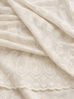 Ivory Cream Floral & Paisley Embroidered P.C Voile Fabric
