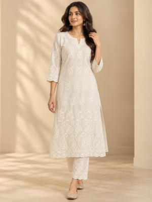 Ivory Cream Floral & Paisley Embroidered P.C Voile Fabric