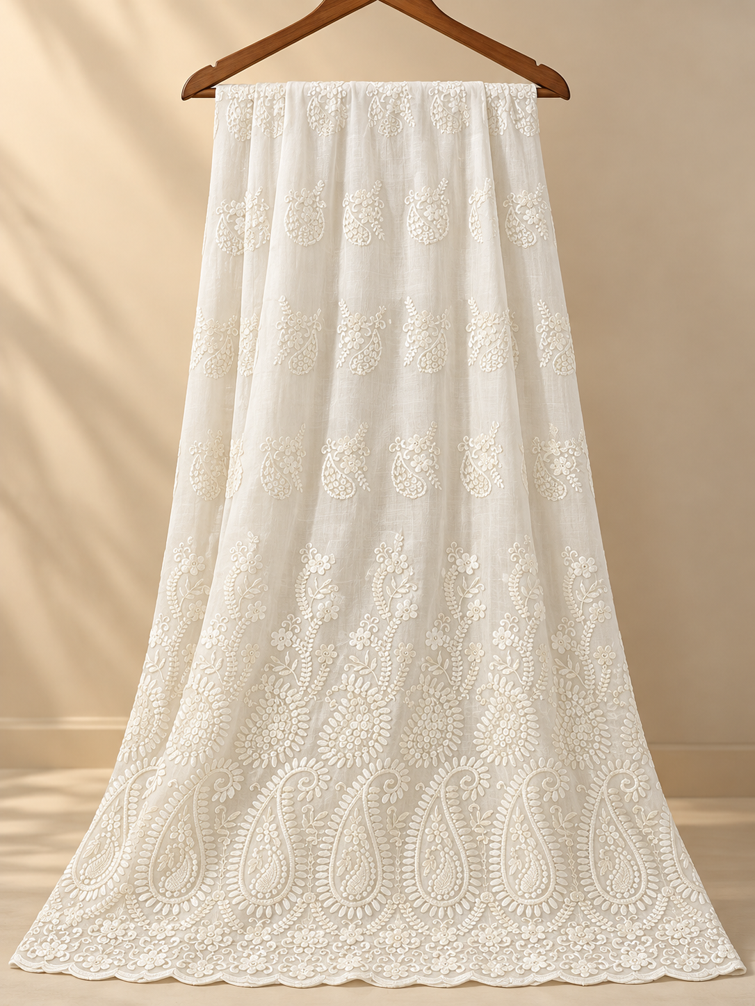 Ivory Cream Floral & Paisley Embroidered P.C Voile Fabric