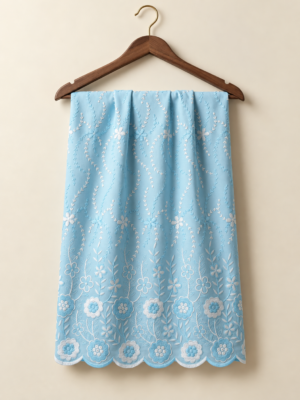 Blue P.C Voile Embroidered Fabric with Double Floral Scalloped Border