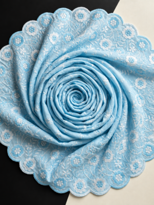 Blue P.C Voile Embroidered Fabric with Double Floral Scalloped Border