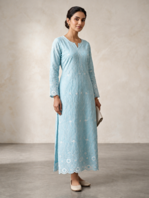 Blue P.C Voile Embroidered Fabric with Double Floral Scalloped Border