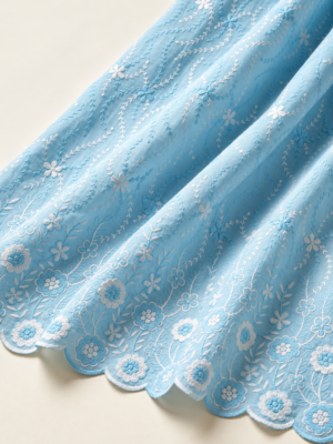 Blue P.C Voile Embroidered Fabric with Double Floral Scalloped Border