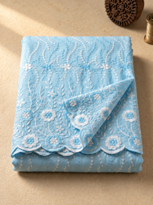 Blue P.C Voile Embroidered Fabric with Double Floral Scalloped Border