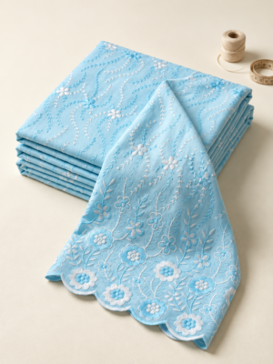 Blue P.C Voile Embroidered Fabric with Double Floral Scalloped Border