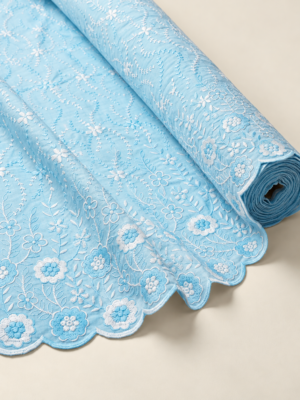 Blue P.C Voile Embroidered Fabric with Double Floral Scalloped Border