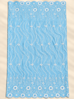 Blue P.C Voile Embroidered Fabric with Double Floral Scalloped Border