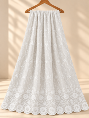 Ivory cream P.C Voile Embroidered Fabric with Double Floral Scalloped Border
