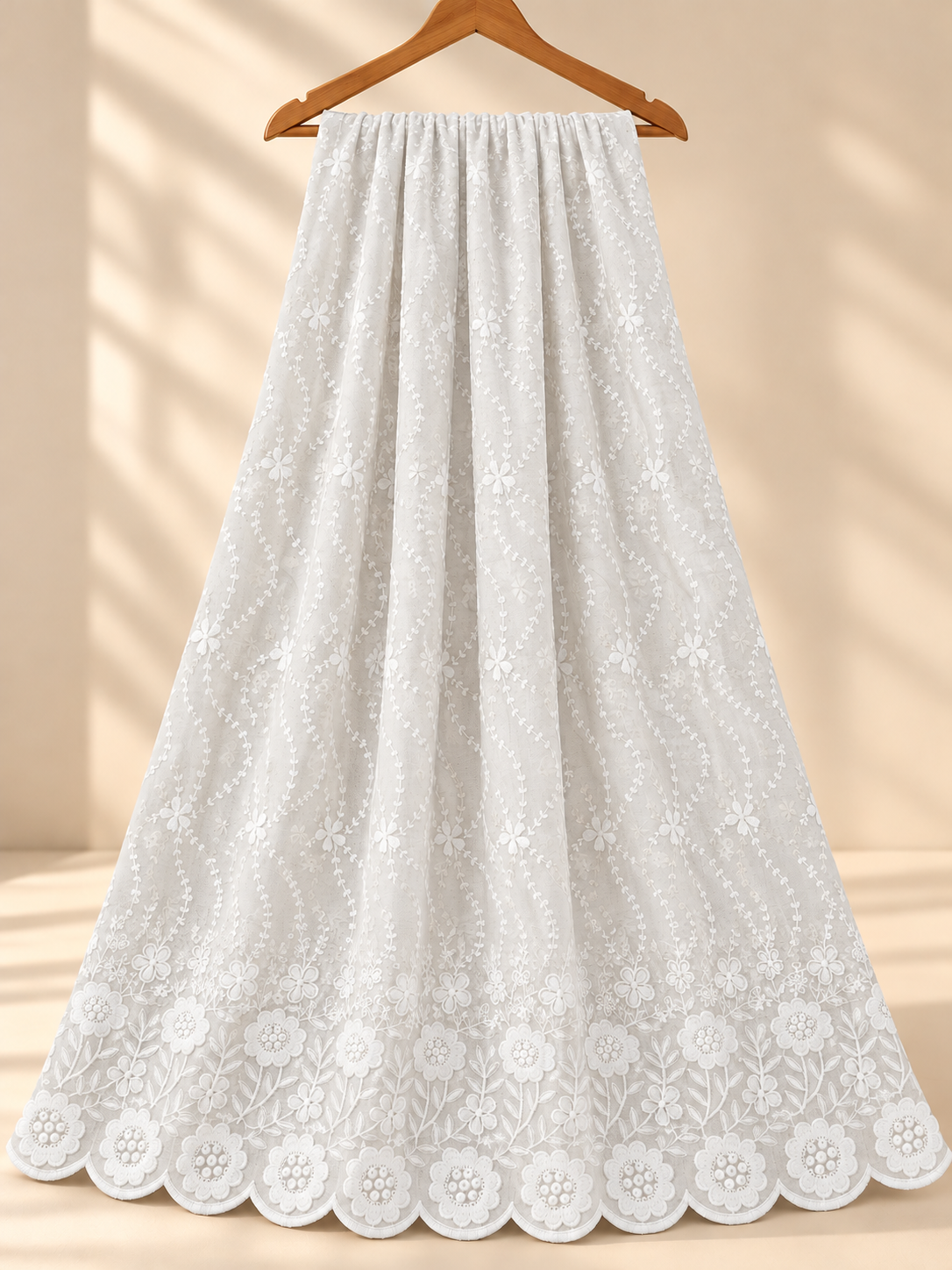 Ivory cream P.C Voile Embroidered Fabric with Double Floral Scalloped Border - Image 6