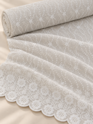 Ivory cream P.C Voile Embroidered Fabric with Double Floral Scalloped Border