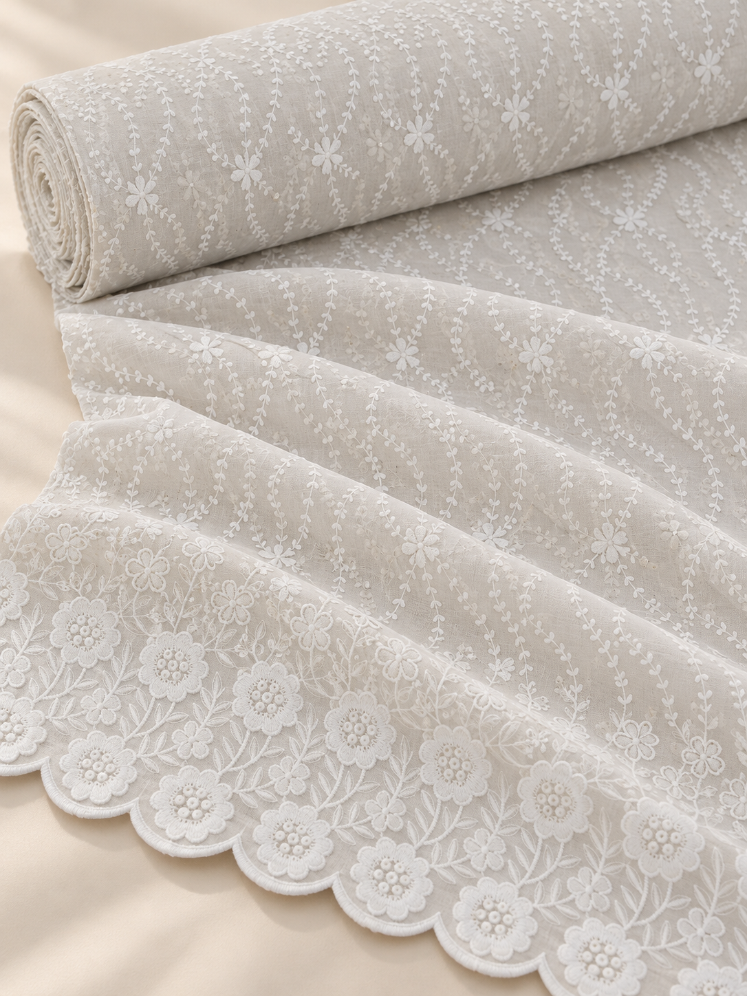 Ivory cream P.C Voile Embroidered Fabric with Double Floral Scalloped Border - Image 7