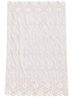 Ivory cream P.C Voile Embroidered Fabric with Double Floral Scalloped Border