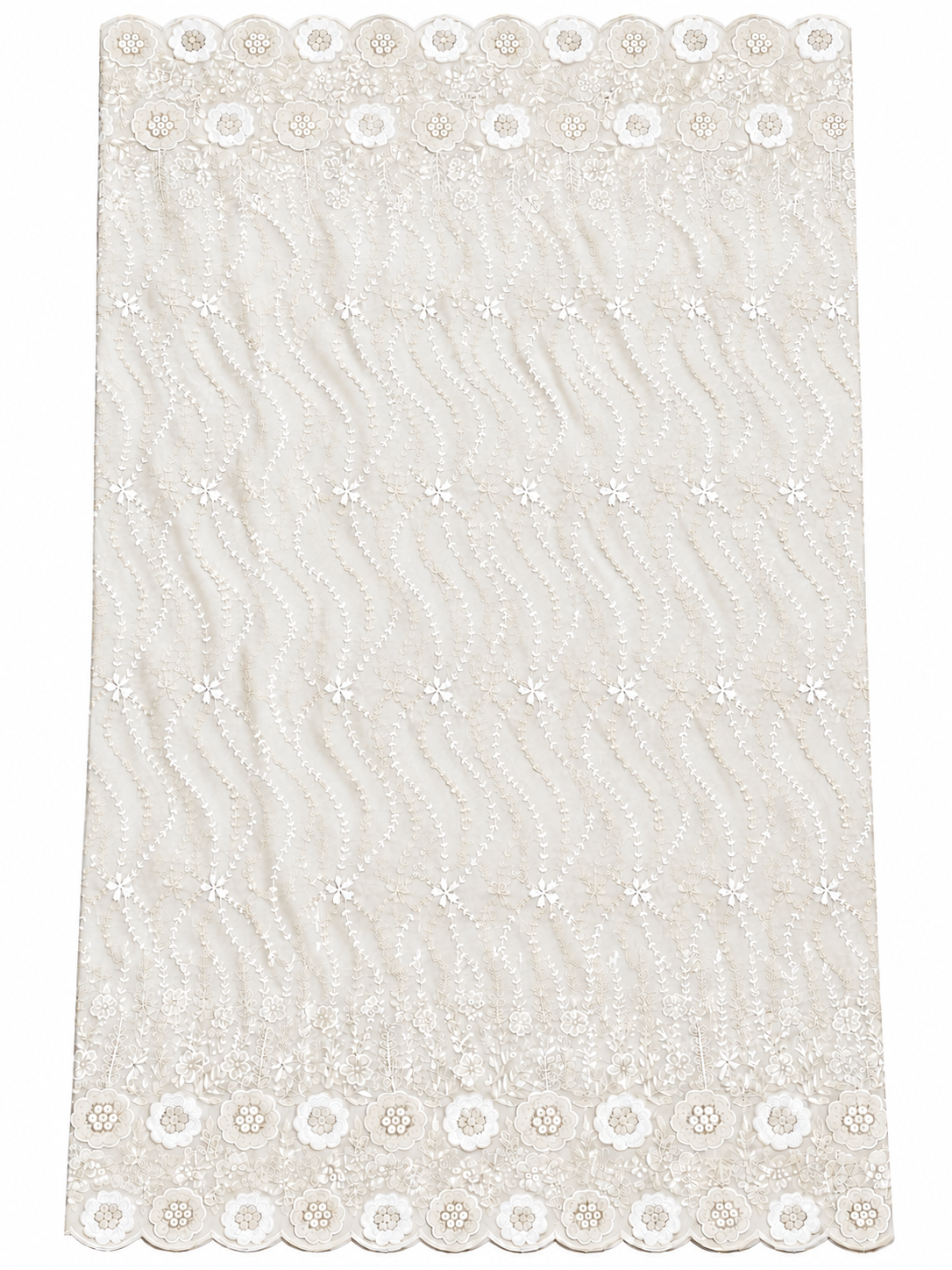 Ivory cream P.C Voile Embroidered Fabric with Double Floral Scalloped Border
