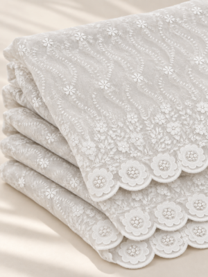 Ivory cream P.C Voile Embroidered Fabric with Double Floral Scalloped Border