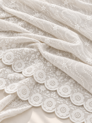 Ivory cream P.C Voile Embroidered Fabric with Double Floral Scalloped Border