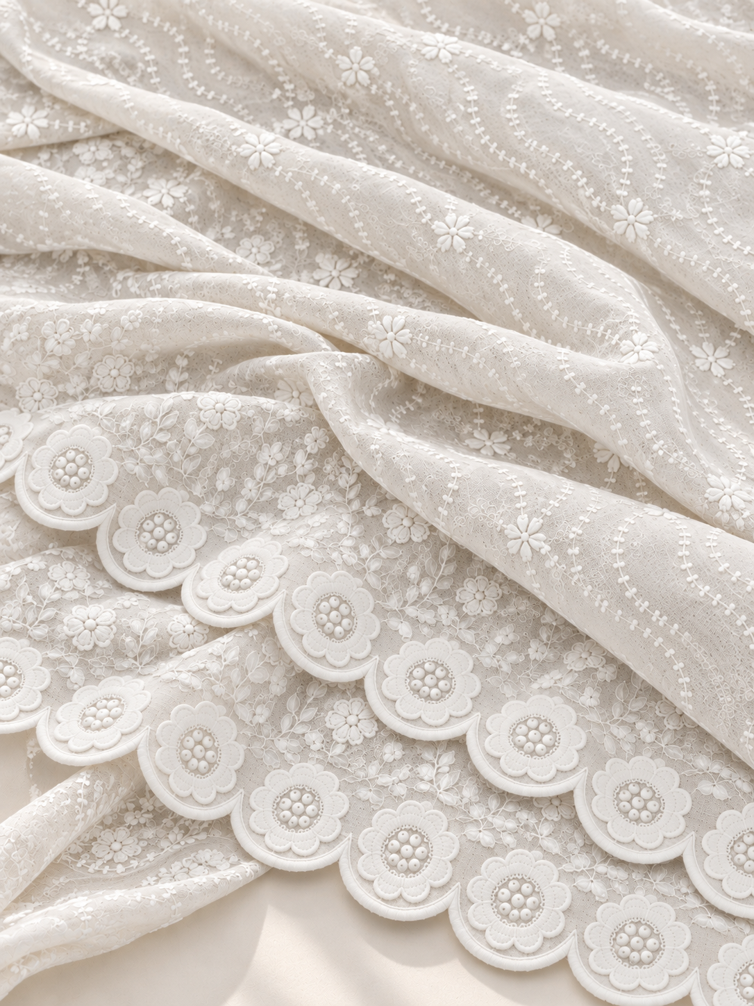 Ivory cream P.C Voile Embroidered Fabric with Double Floral Scalloped Border - Image 3