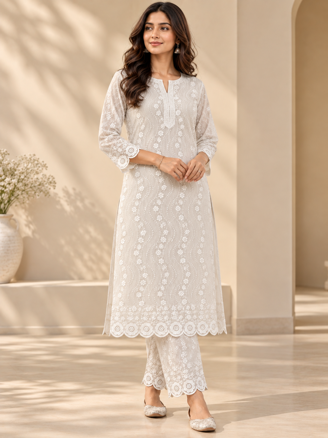 Ivory cream P.C Voile Embroidered Fabric with Double Floral Scalloped Border - Image 4