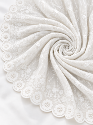 Ivory cream P.C Voile Embroidered Fabric with Double Floral Scalloped Border