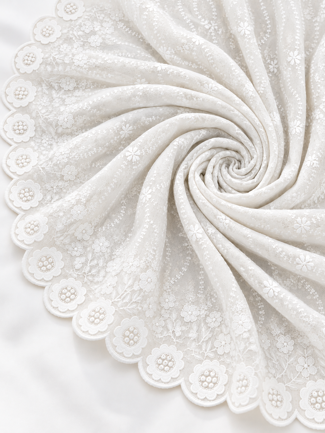Ivory cream P.C Voile Embroidered Fabric with Double Floral Scalloped Border - Image 5