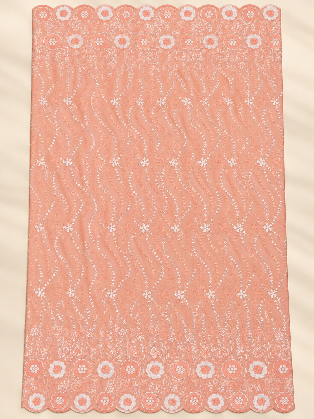 Peach P.C Voile Embroidered Fabric with Double Floral Scalloped Border