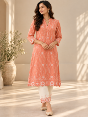 Peach P.C Voile Embroidered Fabric with Double Floral Scalloped Border