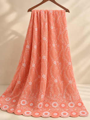Peach P.C Voile Embroidered Fabric with Double Floral Scalloped Border