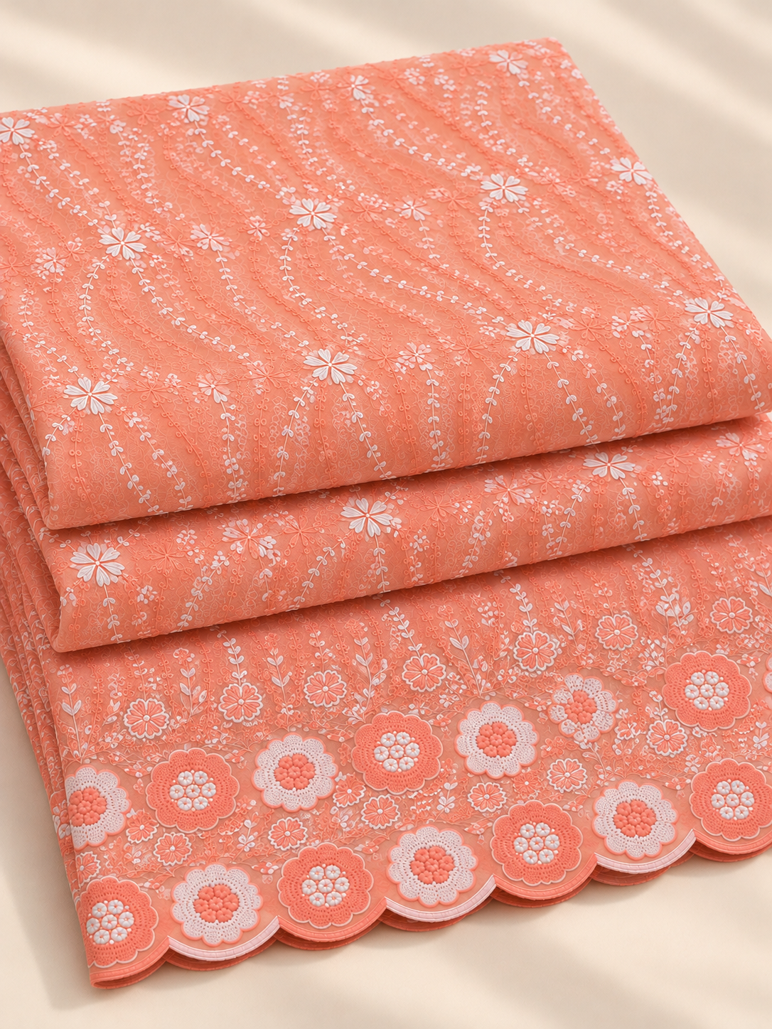 Peach P.C Voile Embroidered Fabric with Double Floral Scalloped Border - Image 4