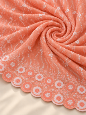 Peach P.C Voile Embroidered Fabric with Double Floral Scalloped Border