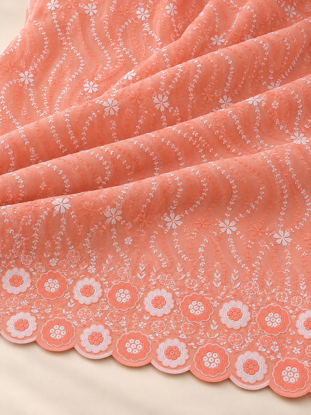 Peach P.C Voile Embroidered Fabric with Double Floral Scalloped Border - Image 6