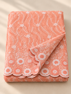 Peach P.C Voile Embroidered Fabric with Double Floral Scalloped Border