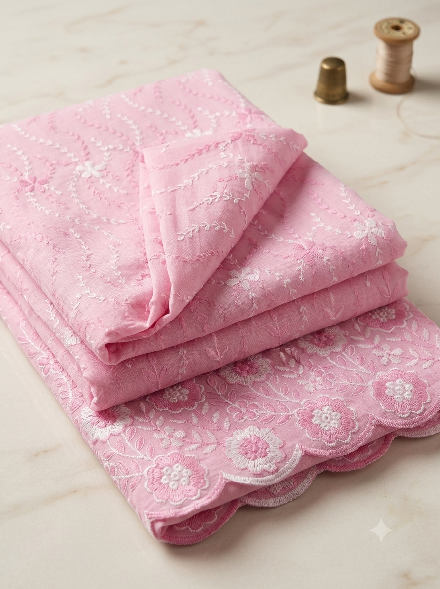 Pink P.C Voile Embroidered Fabric with Double Floral Scalloped Border - Image 7