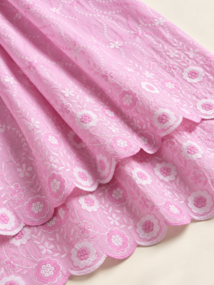 Pink P.C Voile Embroidered Fabric with Double Floral Scalloped Border