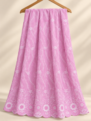 Pink P.C Voile Embroidered Fabric with Double Floral Scalloped Border