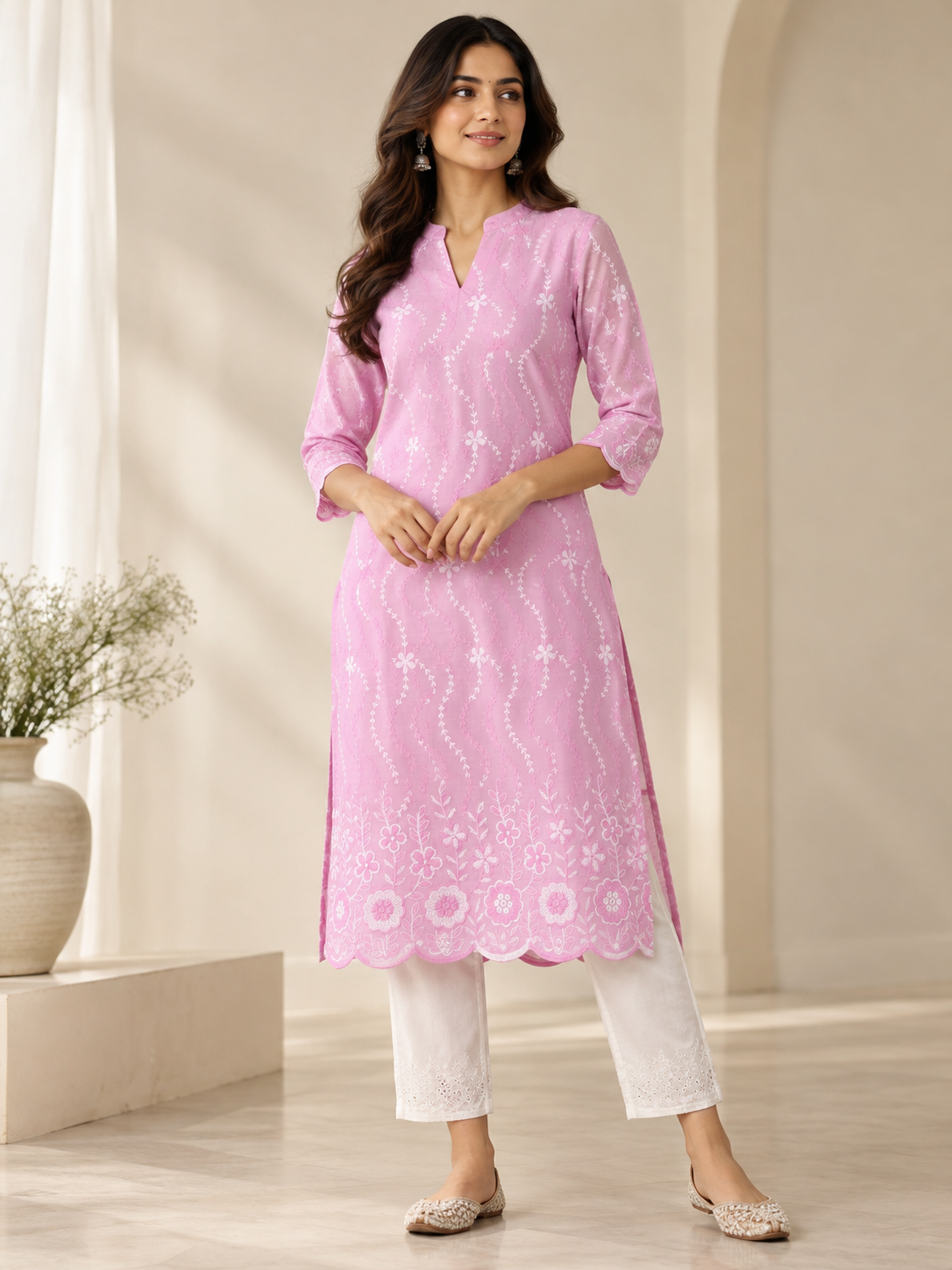 Pink P.C Voile Embroidered Fabric with Double Floral Scalloped Border - Image 2