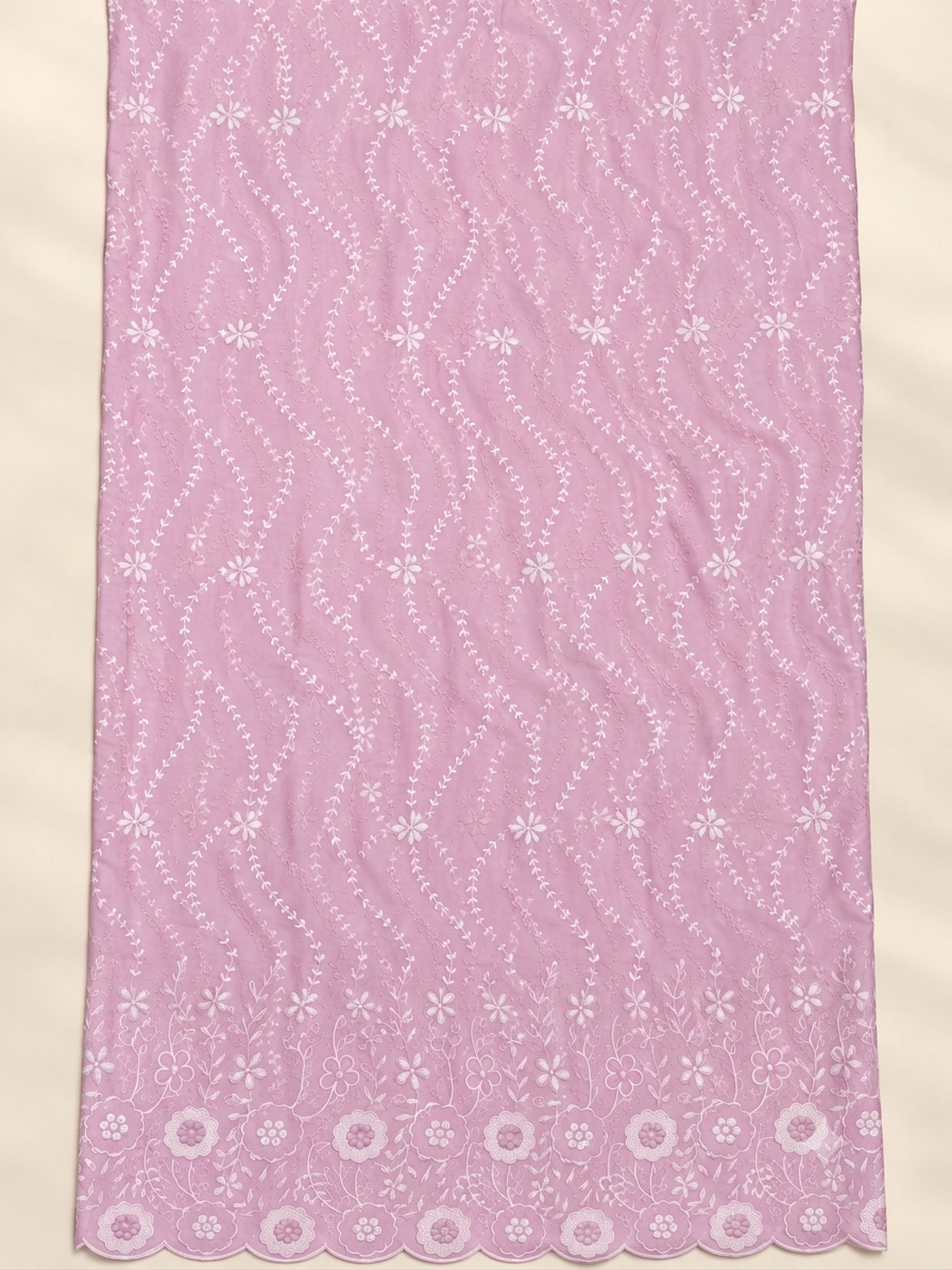 Pink P.C Voile Embroidered Fabric with Double Floral Scalloped Border - Image 3