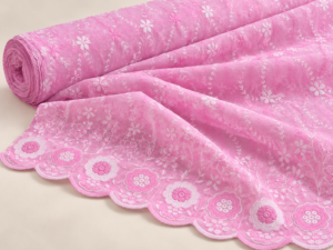 Pink P.C Voile Embroidered Fabric with Double Floral Scalloped Border