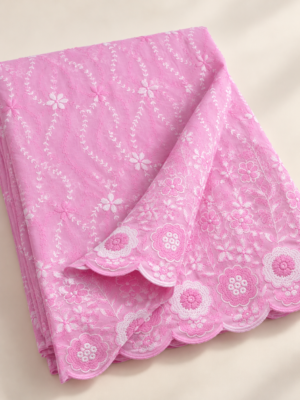 Pink P.C Voile Embroidered Fabric with Double Floral Scalloped Border