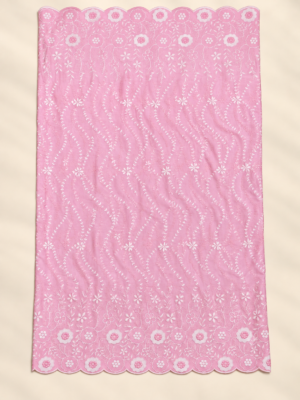 Pink P.C Voile Embroidered Fabric with Double Floral Scalloped Border