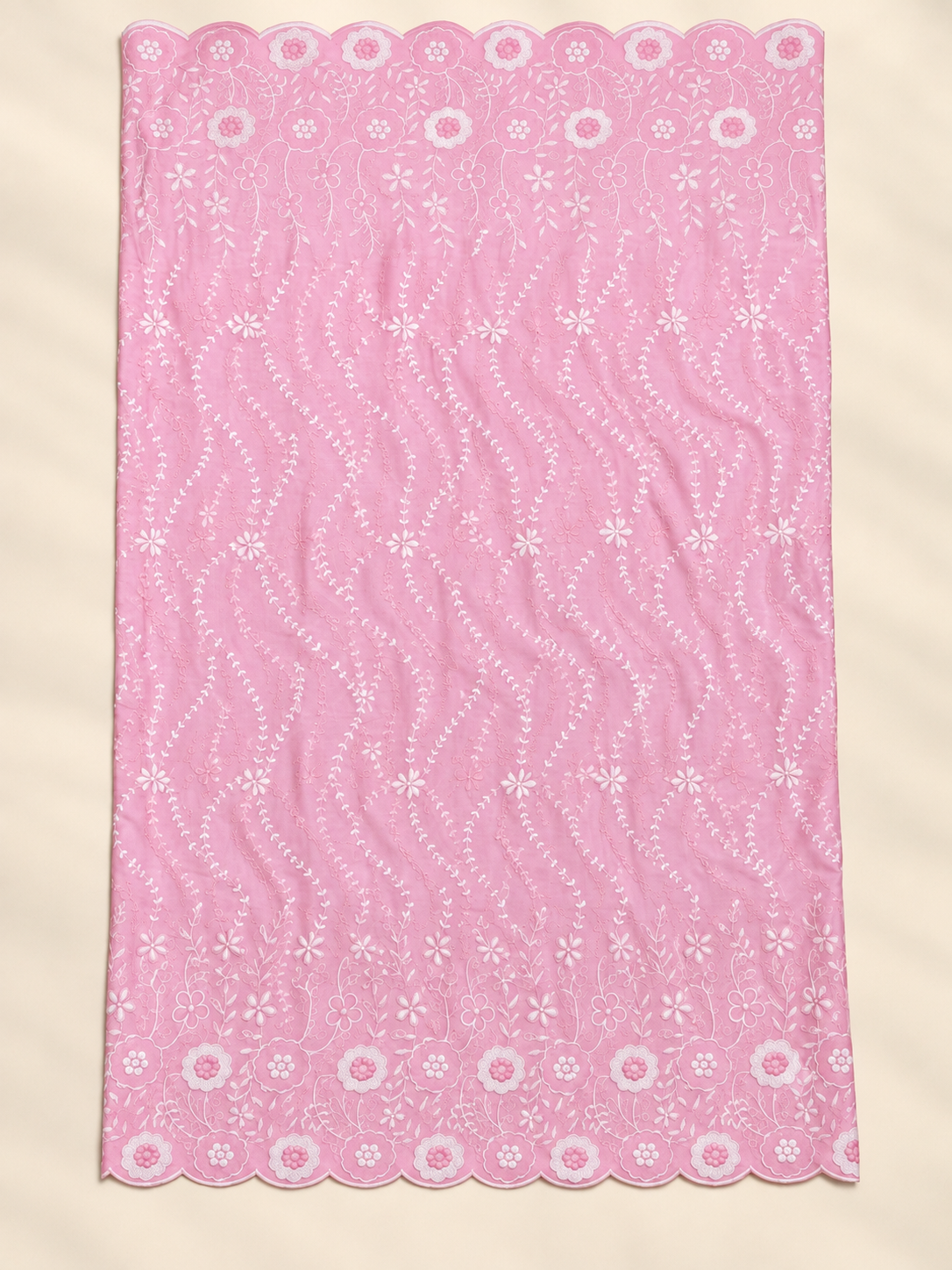 Pink P.C Voile Embroidered Fabric with Double Floral Scalloped Border