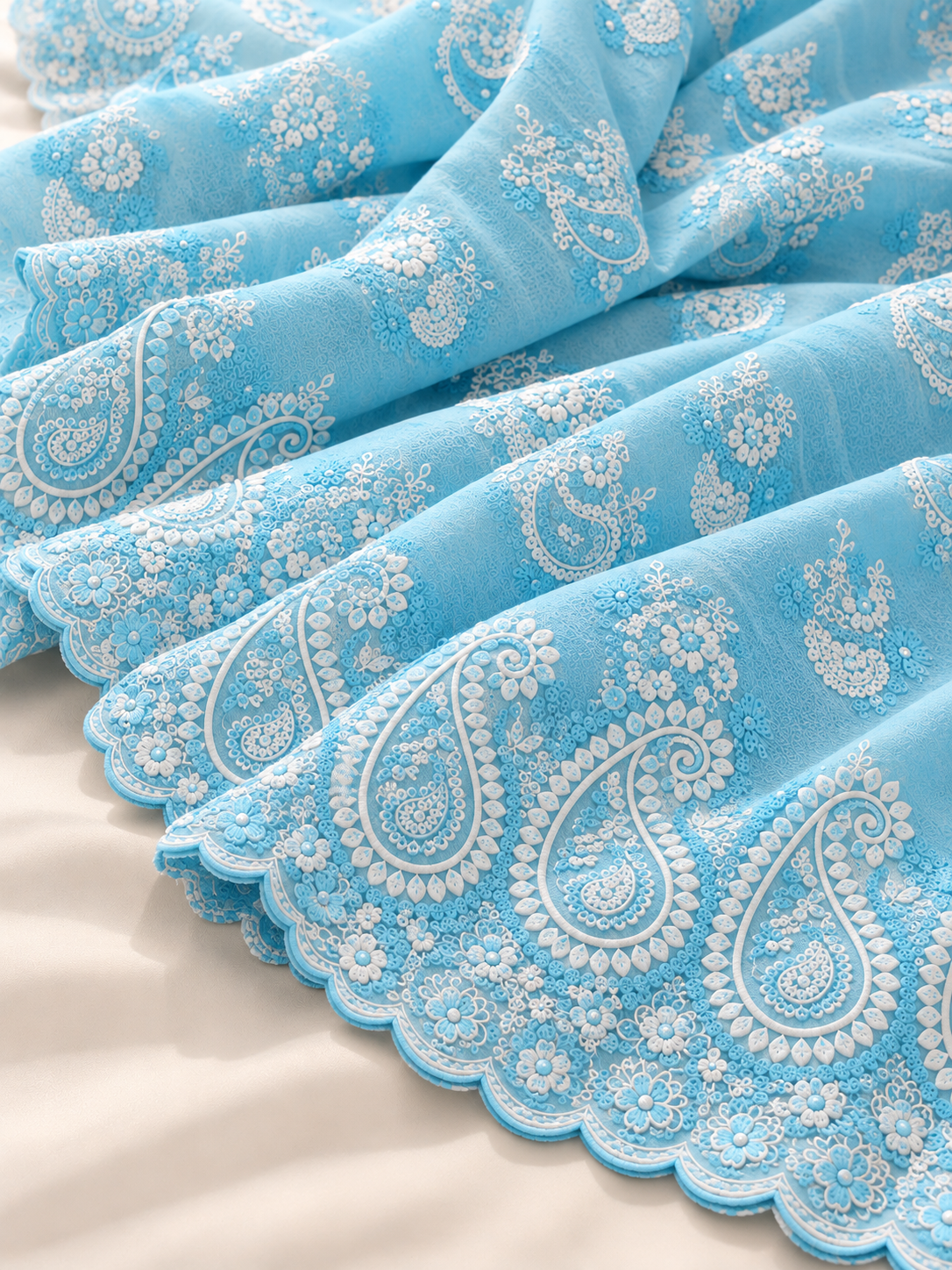 Blue Floral & Paisley Embroidered P.C Voile Fabric - Image 2